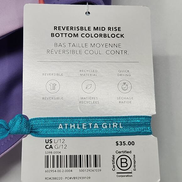 NWT Athleta Girl Reversible Mid Rise Bottom Colorblock Pink Purple Swim Girl's L - Picture 3 of 7